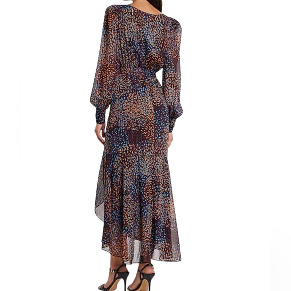 NWT Express Metallic Printed Faux Wrap Ruffle Hi-Lo V-neck Maxi Dress XXS - Picture 4 of 14